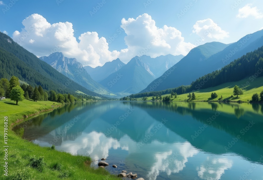 Still lake reflects clouds and mountains on a sunny day Still lake reflects clouds and mountains on a sunny day