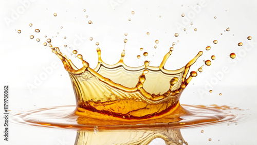 A vibrant splash captures the moment liquid creates a crown-like shape as it hits the surface. Golden hues and suspended droplets add dynamic energy to the scene.AI