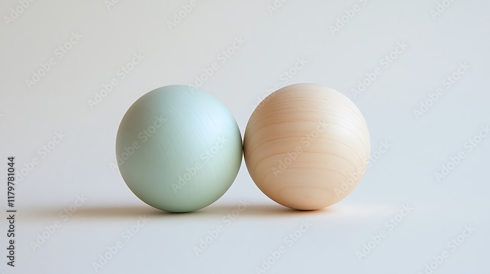 A pair of wooden balls, one natural and one pastel, placed side by side A pair of wooden balls, one natural and one pastel, placed side by side