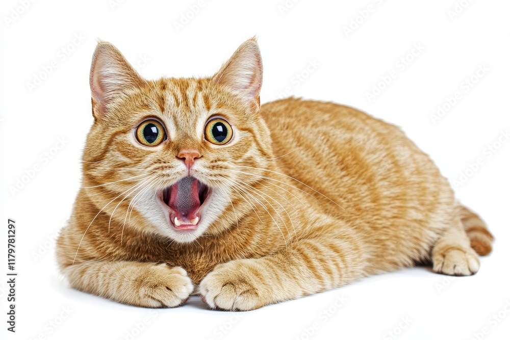 Cute Orange Cat with Big Eyes Expressing Surprise Lying on White Background, Perfect for Pet Lovers and Animal Photography Needs Cute Orange Cat with Big Eyes Expressing Surprise Lying on White Background, Perfect for Pet Lovers and Animal Photography Needs