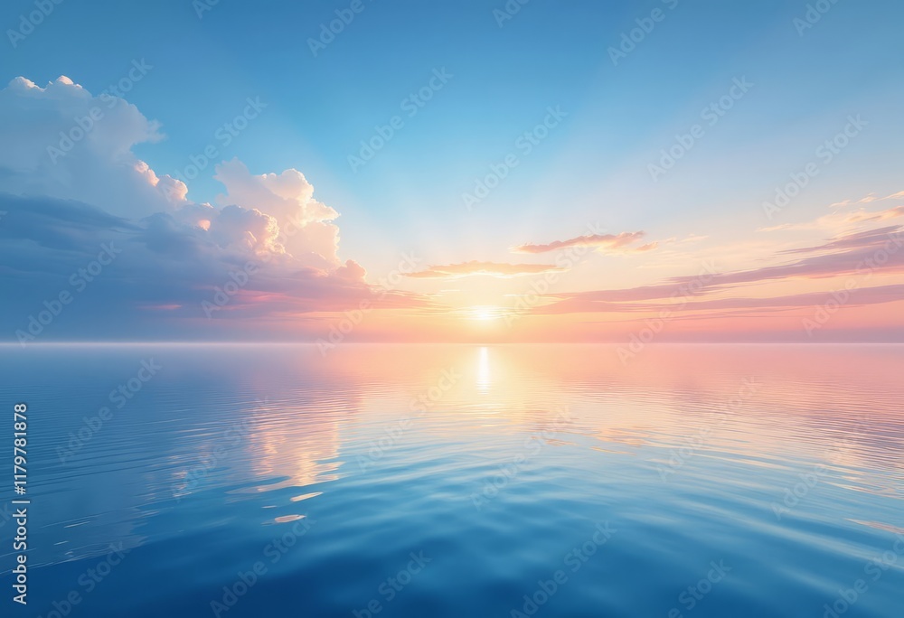 Obraz premium Sun setting over calm water with clouds and sun rays