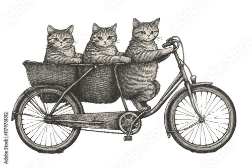 Cats on tandem bike sketch, whimsical and fun, merging playfulness with transportation. PNG transparent background.