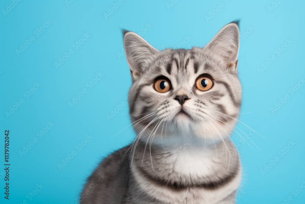 Obraz premium Portrait of a cute american shorthair cat in front of pastel blue background