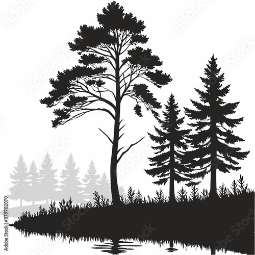 Reflection in water, pine tree forest Black silhouette