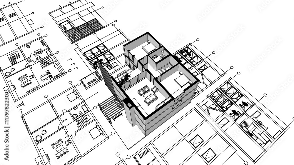 house architectural project sketch 3d illustration house architectural project sketch 3d illustration