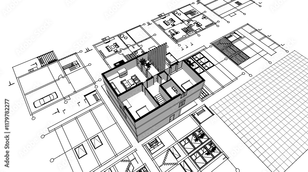 Fototapeta premium house architectural project sketch 3d illustration