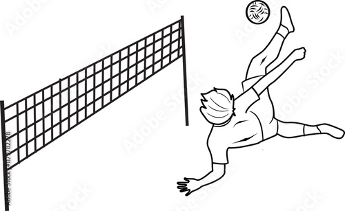 Vector line drawing of a takraw football player kicking the ball over the net