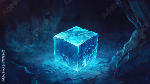 A glowing blue crystal block illuminating a dimly lit stone chamber with textured walls and floor. Glowstone. Illustration photo