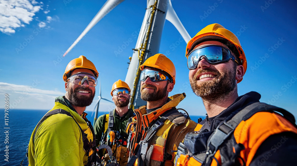 Group of engineers smiling on wind turbine, showcasing teamwork and safety Group of engineers smiling on wind turbine, showcasing teamwork and safety