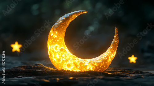 A glowing crescent moon sculpture with a star, creating a serene ambiance. Glowstone. Illustration photo