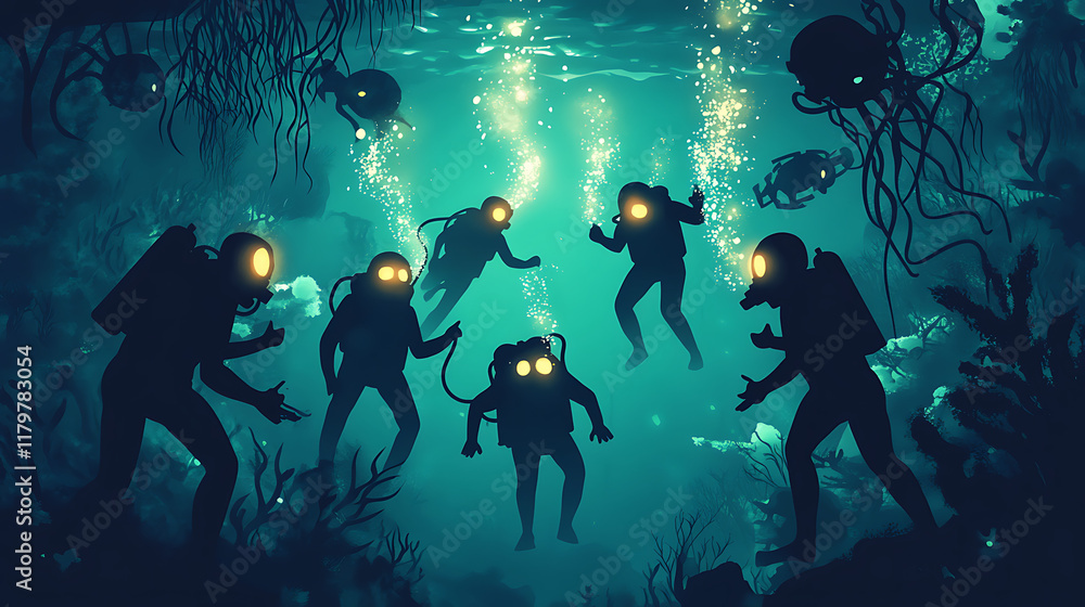 Obraz premium Underwater scene with divers exploring a mysterious ocean environment.