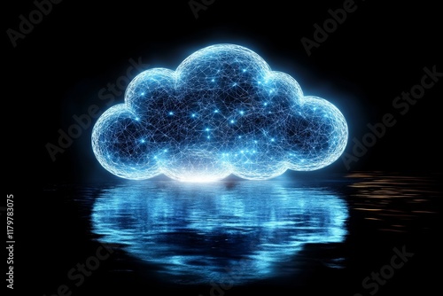 Digital Cloud Representation with Illuminated Network Connections Reflected in Water, Symbolizing Modern Technology and Data Storage Solutions in a Futuristic Environment