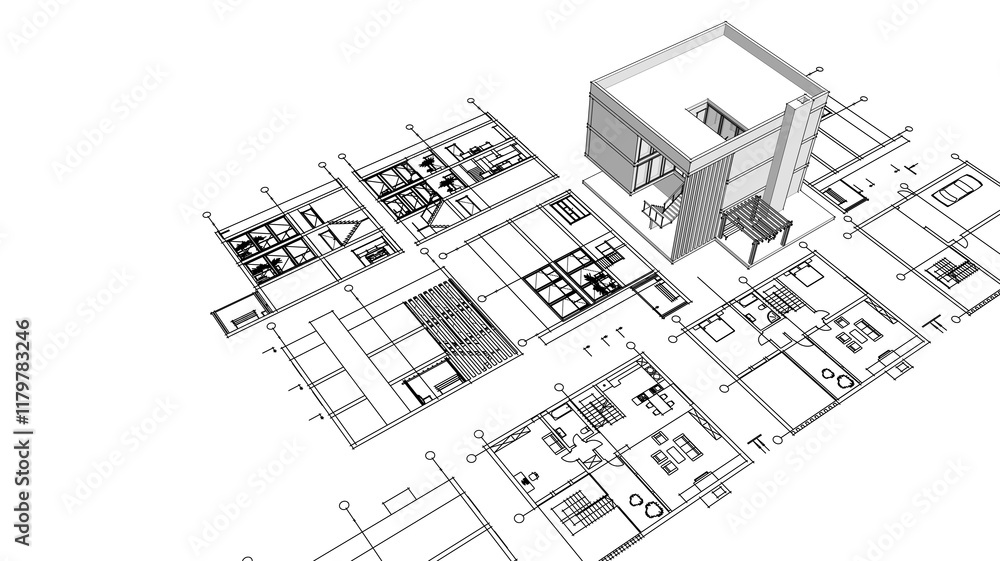 house architectural project sketch 3d illustration house architectural project sketch 3d illustration