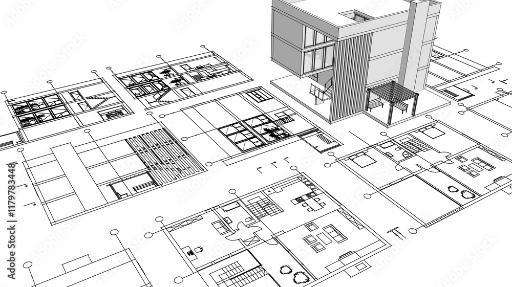 house architectural project sketch 3d illustration house architectural project sketch 3d illustration