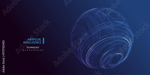 Big data neon network globe background. Ai round particles lines sphere technology banner. Artificial Intelligence futuristic network connect vector design.	