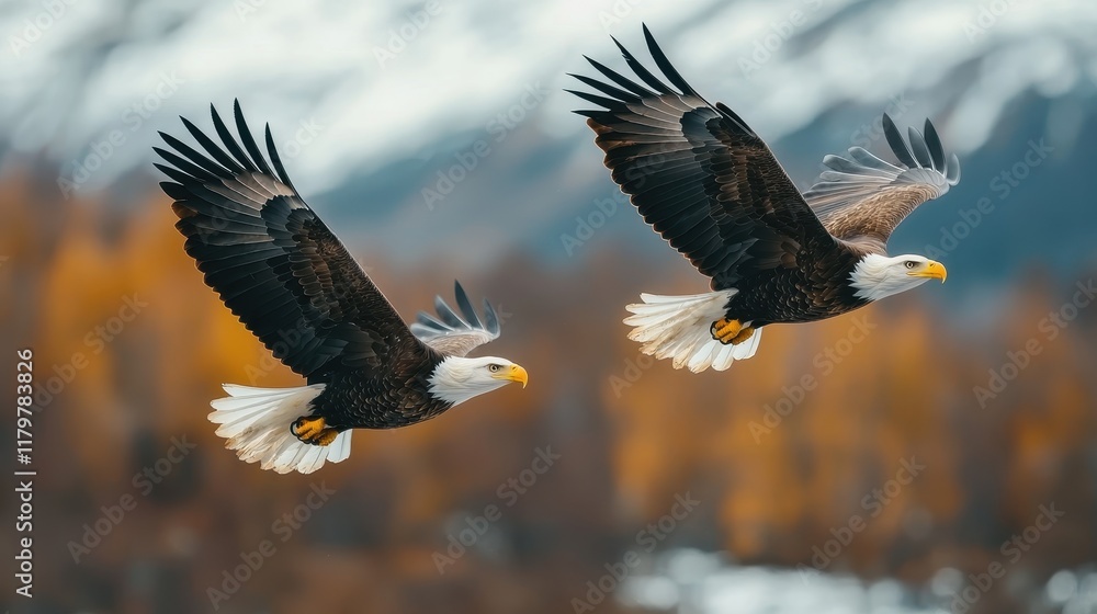 Obraz premium Two majestic eagles soar gracefully through the sky, framed by majestic mountains and autumn foliage, showcasing nature's beauty and freedom.