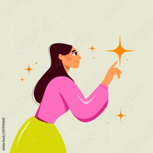 Make a wish. Young woman is a dreamer. Setting and achieving goals. Hand drawing flat vector illustration.