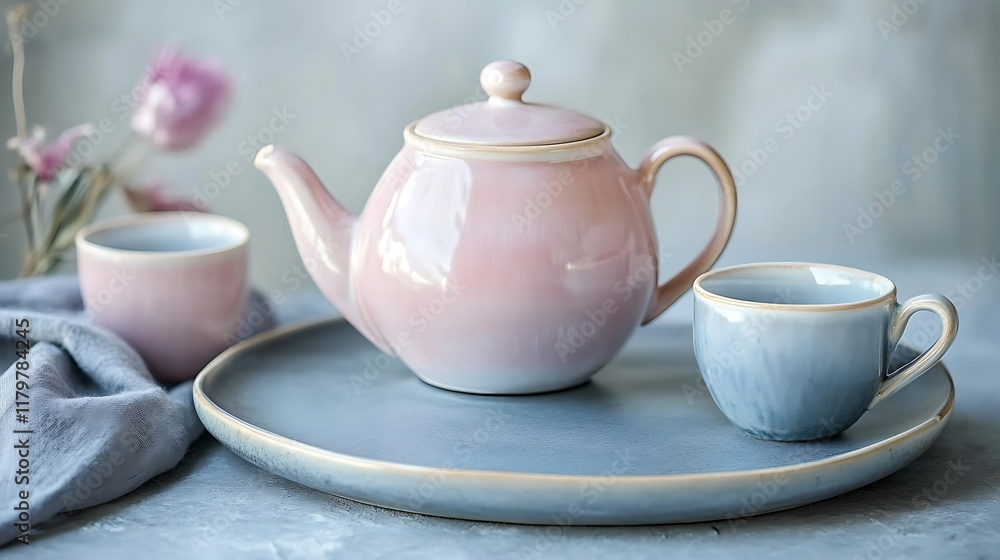 A small teapot and cups in muted pastel tones displayed elegantly A small teapot and cups in muted pastel tones displayed elegantly