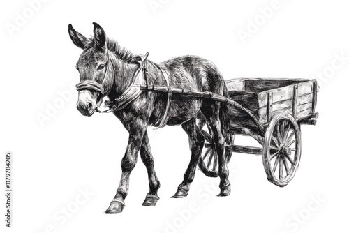 Donkey with cart sketch raster illustration, blending simplicity and tradition. PNG transparent background.