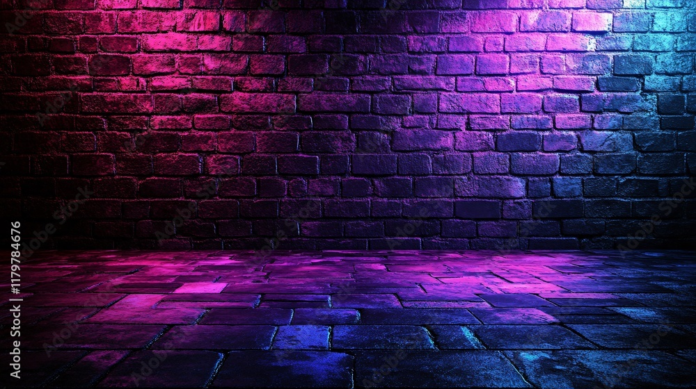 Colorful brick wall illuminated with purple and blue lighting during nighttime Colorful brick wall illuminated with purple and blue lighting during nighttime