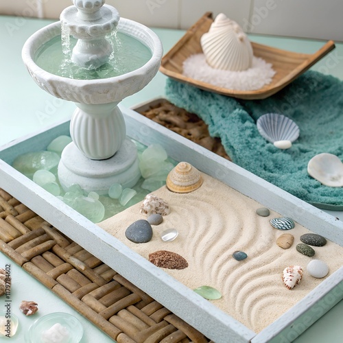 A tranquil ocean-inspired meditation setup featuring a small fountain, seashells, smooth sea glass, and a sand tray with miniature raked waves, all arranged on a light blue surface