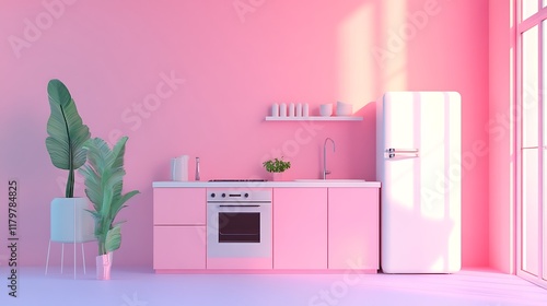 A minimalist arrangement of a small kitchen set on a pastel background