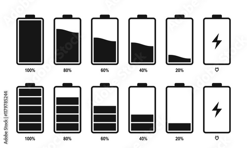 Set of different battery level. battery indicator, battery charge signs