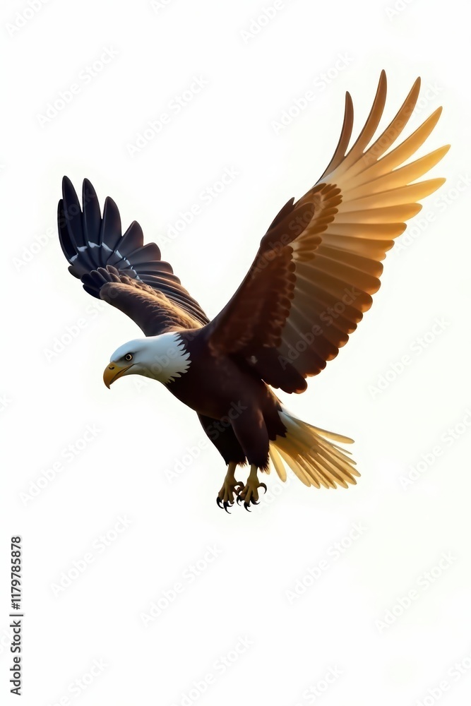 Obraz premium A hopeful young eagle soaring through a bright sunlit sky against a white background, hope, leadership