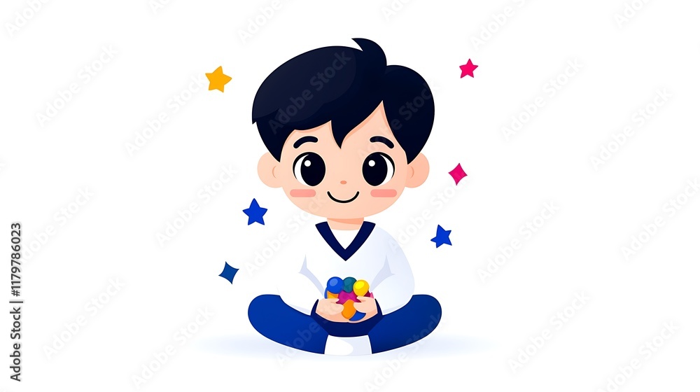 Happy boy sitting cross-legged, holding colorful balls. Happy boy sitting cross-legged, holding colorful balls.