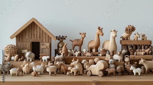 Wooden animal figurines in natural tones arranged to form a farmyard setup photo