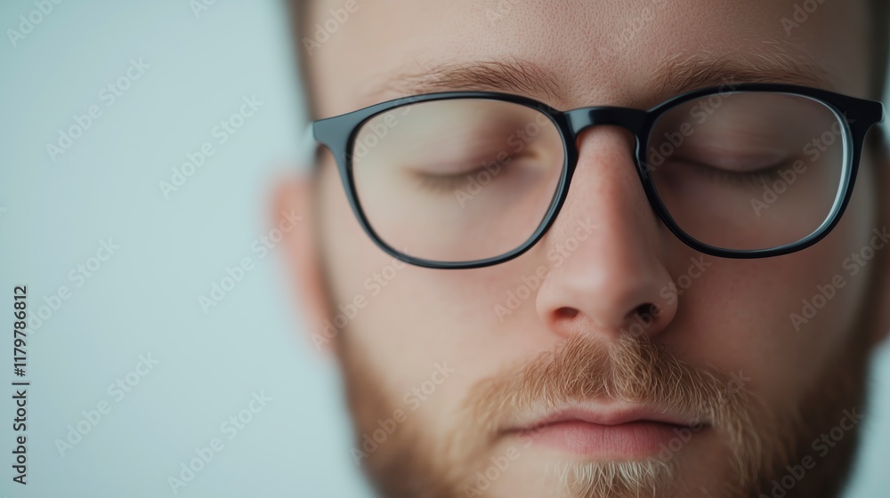 Close-up of relaxed businessman wearing eyeglasses, taking a break and resting with eyes closed Close-up of relaxed businessman wearing eyeglasses, taking a break and resting with eyes closed
