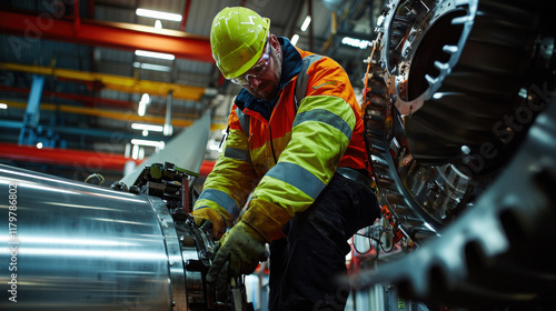 maintenance engineer works on large engine in factory, wearing safety gear