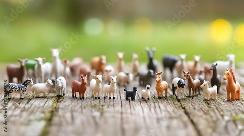 Mini farm animal figurines scattered across a natural wooden surface photo