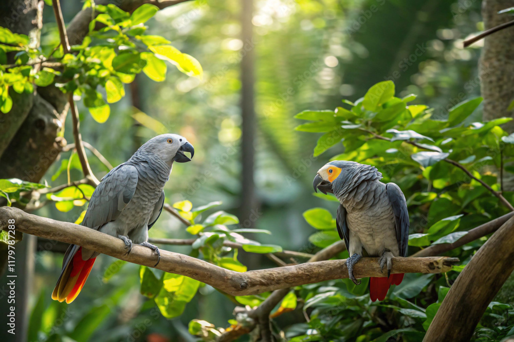 Fototapeta premium Parrots mimicking human speech or other animals