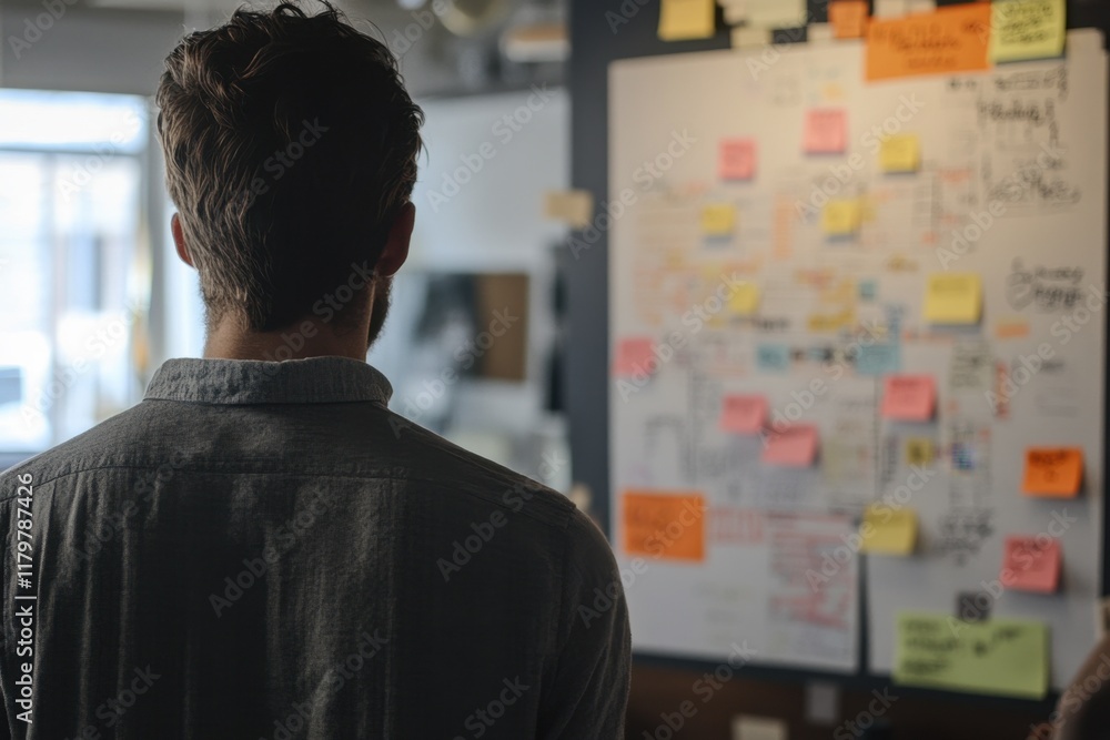 Individual engaged in creative brainstorming in front of colorful sticky notes on an orange wall Individual engaged in creative brainstorming in front of colorful sticky notes on an orange wall