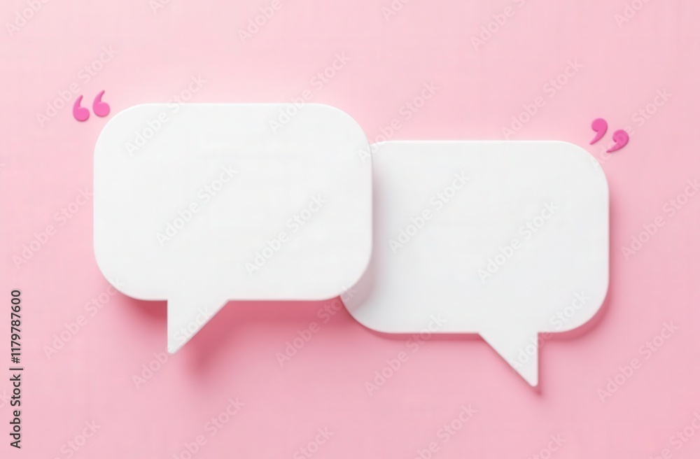 Two empty speech bubbles exchanging messages on pink background Two empty speech bubbles exchanging messages on pink background