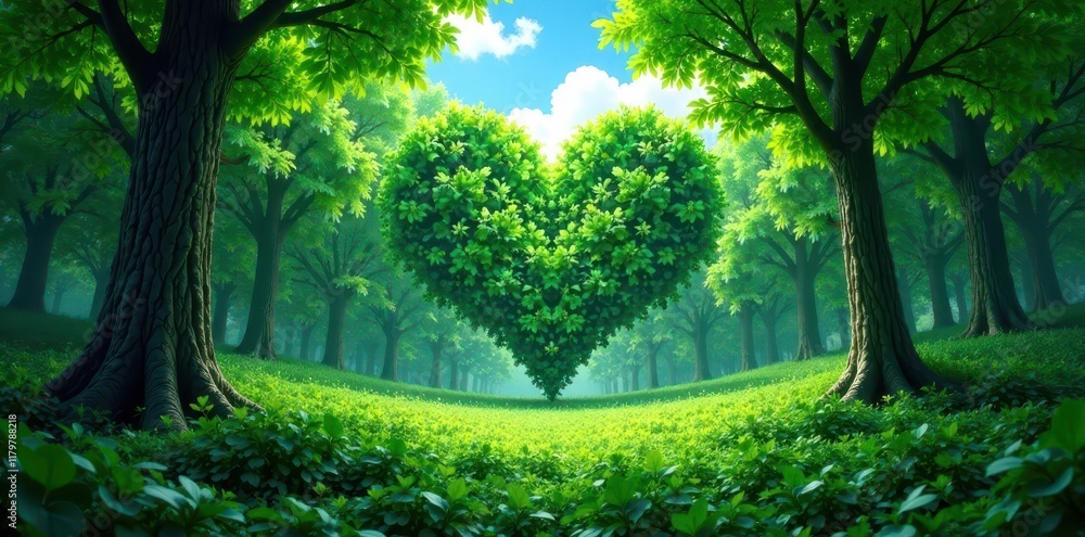 Fototapeta premium Lush green forest with a heart-shaped blue sky above, heart shape, forest