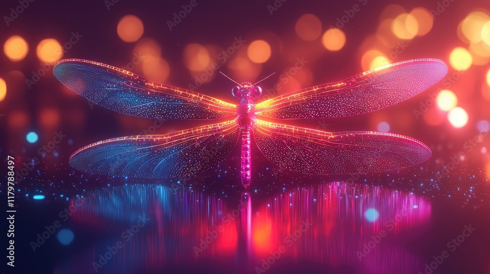 Neon Dragonfly Hovers Over Abstract Light Background, Digital Art, Futuristic Design.