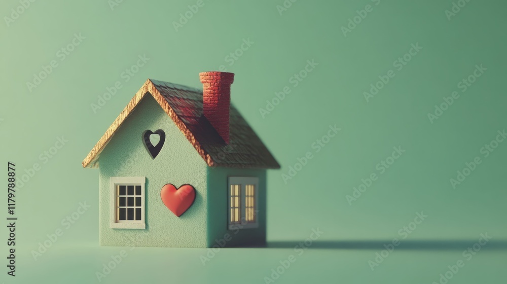 Sweet Home! A charming miniature house with heart details against a serene green backdrop. Sweet Home! A charming miniature house with heart details against a serene green backdrop.