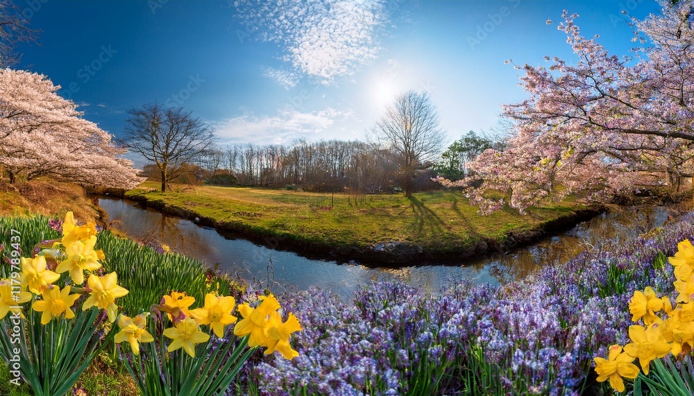 Fototapeta premium Enchanting Spring Landscape with Blooming Flowers and Flowing Stream