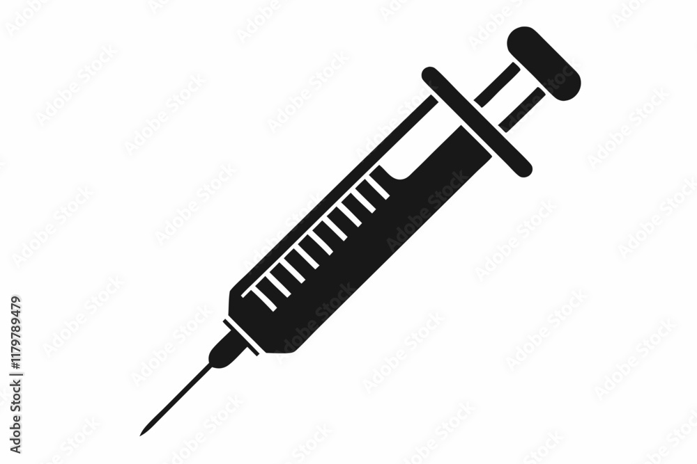 Silhouette Design of a Syringe with Needle and Plunger in a Bold Minimalist Medical Style Silhouette Design of a Syringe with Needle and Plunger in a Bold Minimalist Medical Style