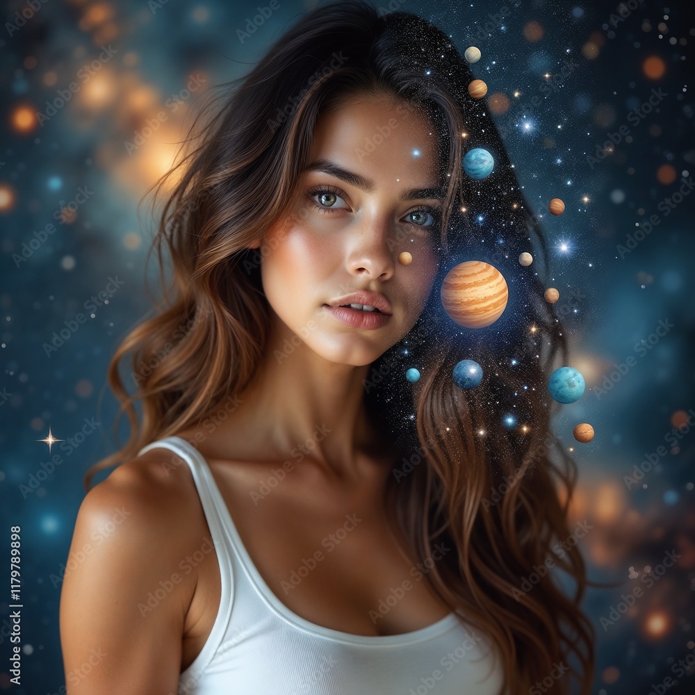 Naklejka premium Contemplative Woman Merging with Cosmic Space Scene