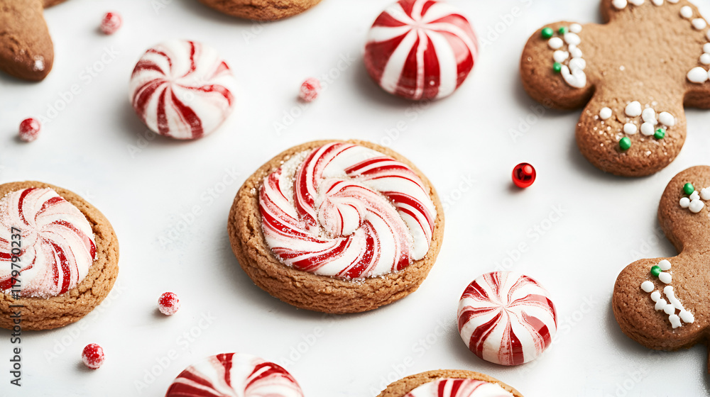 Delicious gingerbread cookies and peppermint candy, perfect for festive occasions.