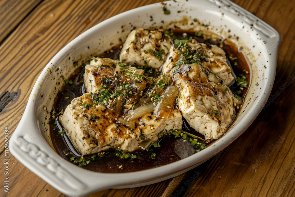 Tofu fried in soy sauce with herbs served in dish Tofu fried in soy sauce with herbs served in dish