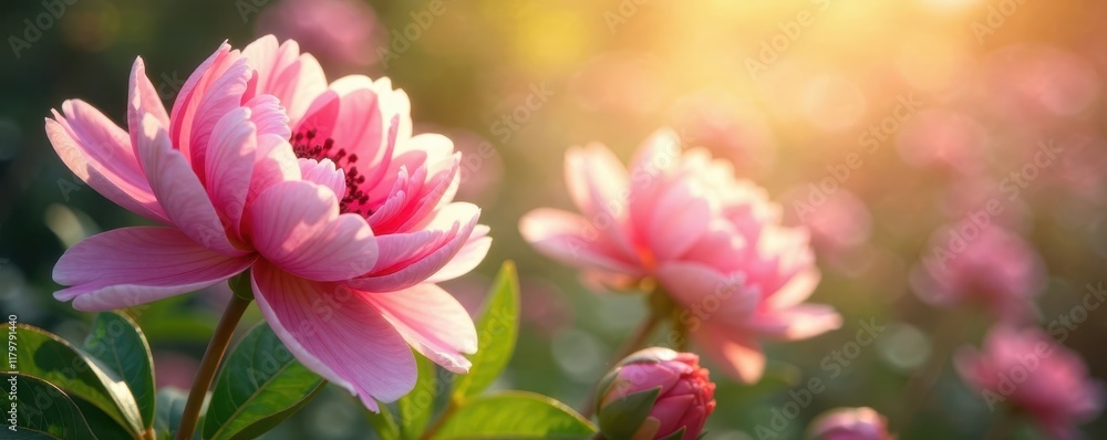 Sunlit peonies & lilies, pastel hues, damask undertones, texture, botanical Sunlit peonies & lilies, pastel hues, damask undertones, texture, botanical