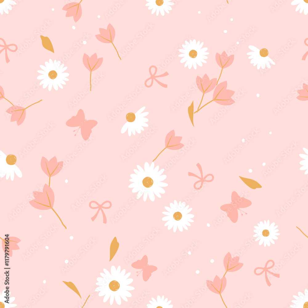 Seamless pattern with daisies, wildflower, butterflies and ribbon bows on pink background vector. Seamless pattern with daisies, wildflower, butterflies and ribbon bows on pink background vector.