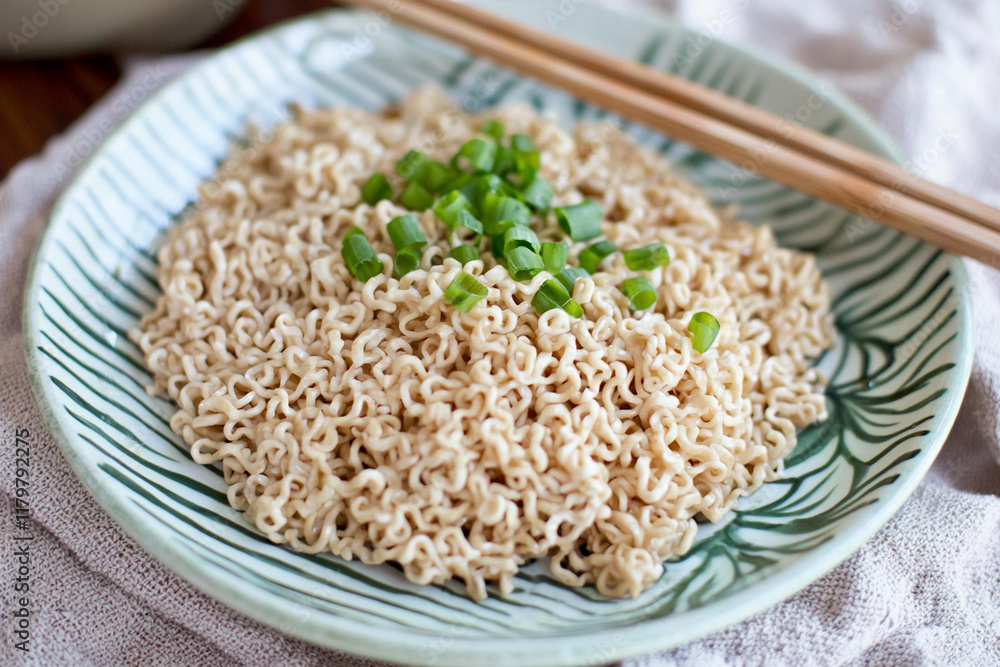 Delicious instant noodles served with green onions Delicious instant noodles served with green onions
