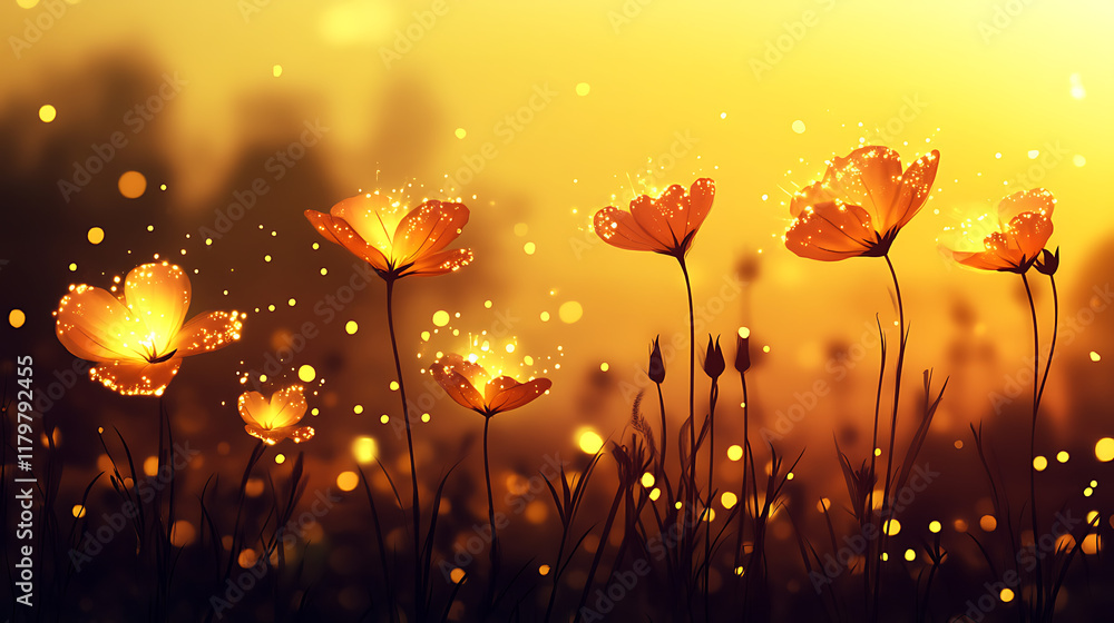 A serene field of glowing orange flowers under a warm golden light, evoking tranquility and beauty. A serene field of glowing orange flowers under a warm golden light, evoking tranquility and beauty.