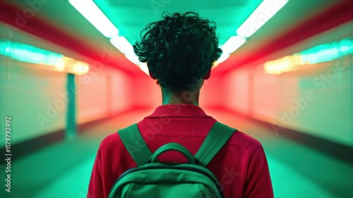 Adventurous Journey of a Person with a Backpack Walking Down a Long Hallway Filled with Anticipation and Exploration photo