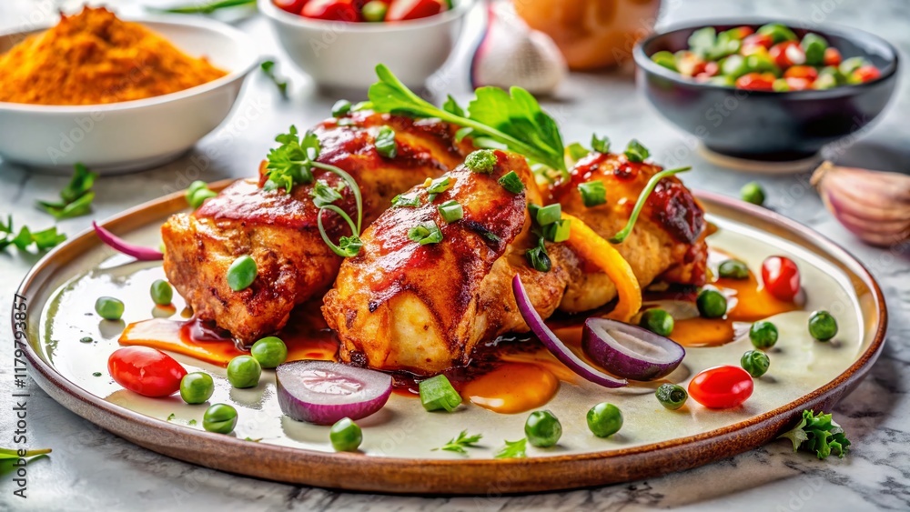 Macro Photo: Contemporary Colombo de Poulet Dish on Marble Macro Photo: Contemporary Colombo de Poulet Dish on Marble
